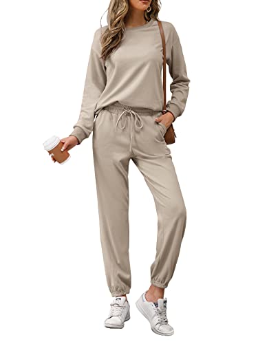 REORIA Donna Manica Lunga Girocollo Tinta unita Due Pezzi Outfit Felpa Jogger Tuta Set Felpa e Pantaloni Della Tuta Beige M