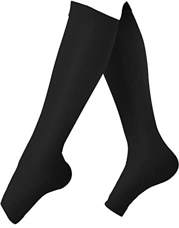 Tiiyee Calze a compressione, calze a compressione alte fino al ginocchio Open Toe Calze a compressione a punta aperta per donna Uomo 20-30 mmHg Vene varicose Shin Stecche(L-Nero)