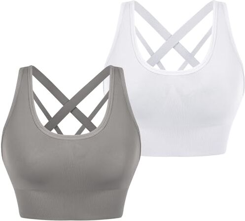 Leversic Reggiseno Sportivo da Donna Reggiseno Yoga Top Fitness Donna Imbottito Senza Ferretto Reggiseni Push Up per Yoga Jogging Gym 314-Bianco+Grigio S