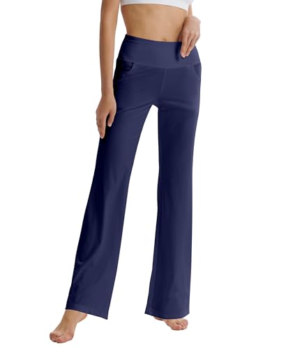 LaiEr Pantaloni da Yoga da Donna con Tasche a Vita Alta Svasata Bootleg Yoga Pantaloni da Allenamento con Tasche Laterali, Blu, XL