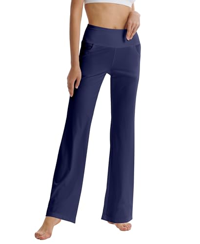 LaiEr Pantaloni da Yoga da Donna con Tasche a Vita Alta Svasata Bootleg Yoga Pantaloni da Allenamento con Tasche Laterali, Blu, S