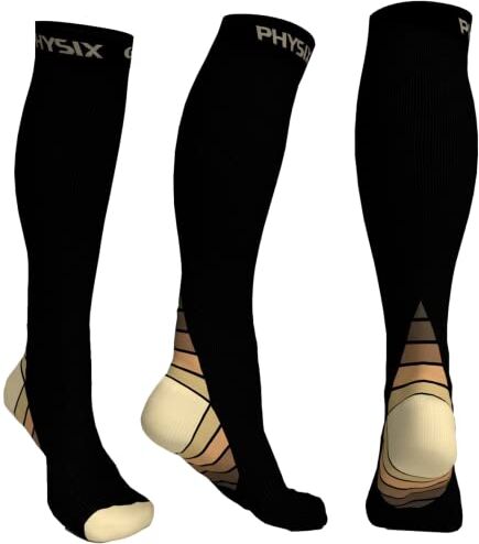 Physix Gear Sport Calze compressione graduata uomo e donna (20-30 mmHg) Calze elastiche sportive per circolazione, vene varicose, gravidanza, antitrombo, ciclismo, running, aereo BEIGE S/M