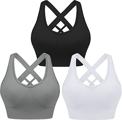 Leversic Reggiseno Sportivo da Donna Reggiseno Yoga Top Fitness Donna Imbottito Senza Ferretto Reggiseni Push Up per Yoga Jogging Gym Nero+Bianco+Grigio S