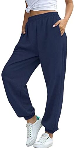 Tuopuda Pantaloni Sportivi Donna in Cotone Larghi Pantaloni Tuta con Tasche Vita Alta Pantaloni Jogger Lunghi Sweatpants Pantalone Sport Allenamento Palestra Fascia Elastica, Blu, M