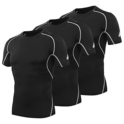 AMZSPORT Maglietta a Compressione da Uomo 3 Pezzi Maglia Manica Corta Palestra T-Shirt Corsa, Nero L