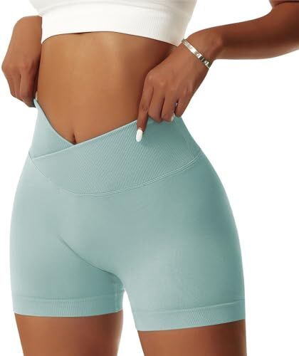 NIBESSER Pantaloncini Donna Sportivi Push Up Leggins Corti Donna a Vita Alta Incrociata Shorts Donna Sportivi Senza Cuciture Aderenti Elasticizzati per Palestra Fitness Corsa Yoga, Ciano, M