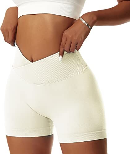 NIBESSER Pantaloncini Donna Sportivi Push Up Leggins Corti Donna a Vita Alta Incrociata Shorts Donna Sportivi Senza Cuciture Aderenti Elasticizzati per Palestra Fitness Corsa Yoga, Bianco, M