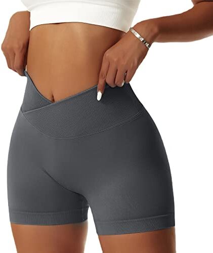 NIBESSER Pantaloncini Donna Sportivi Push Up Leggins Corti Donna a Vita Alta Incrociata Shorts Donna Sportivi Senza Cuciture Aderenti Elasticizzati per Palestra Fitness Corsa Yoga, Grigio, L