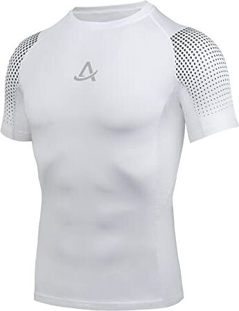 AMZSPORT Maglie Compressione Uomo Maglietta Palestra a Manica Corta T-Shirt Ciclismo Running, Bianco, S