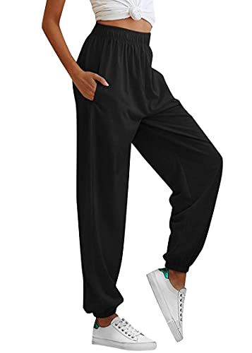 Tuopuda Pantaloni Sportivi Donna in Cotone Larghi Pantaloni Tuta con Tasche Vita Alta Pantaloni Jogger Lunghi Sweatpants Pantalone Sport Allenamento Palestra Fascia Elastica, Nero, S