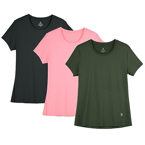 icyzone ® Maglietta sportiva da donna, per corsa, fitness, abbigliamento sportivo, a maniche corte, nero solido, rosa pallido/verde scuro, S