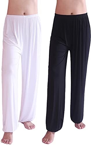 HOEREV Uomo Donna Super Soft Yoga Pantaloni Taiji Lounge Pant, 2NeroBianco, XXL