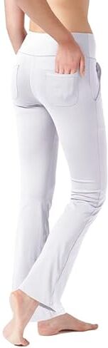 LaiEr Pantaloni da Yoga da Donna con 4 Tasche Pantaloni da Lavoro a Vita Alta 4 Vie Stretch Controllo Pancia Pantaloni Lunghi Svasati, Bianco (2 Tasche Laterali e Posteriori), M