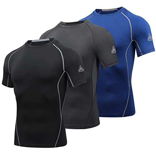 AMZSPORT Maglietta Compressione da Uomo a Manica Corta Rapida Asciugatura T Shirt Sportiva, 3 Confezioni, Nero, Grigio, Blu S