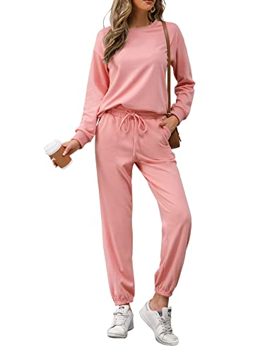 REORIA Donna Manica Lunga Girocollo Tinta unita Due Pezzi Outfit Felpa Jogger Tuta Set Felpa e Pantaloni Della Tuta Rosa L