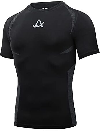 AMZSPORT Maglie Compressione Uomo Maglietta Palestra a Manica Corta T-Shirt Ciclismo Running, Nero S