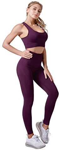 Jamron Donna Set di Abbigliamento Yoga Reggiseno Sportivo+Leggings 2 Pezzi Tuta Sportiva Palestra Fitness Activewear Viola Scuro SN071202 S