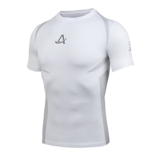 AMZSPORT Maglie Compressione Uomo Maglietta Palestra a Manica Corta T-Shirt Ciclismo Running, Bianco S