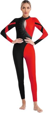 YiZYiF Donna Balletto Body da Danza Tuta Intera Ginnastica Artistica Strass Bodysuit Pattinaggio Catsuit Manica Lunga Jumpsuit Leotard Dancewear Rosso A S