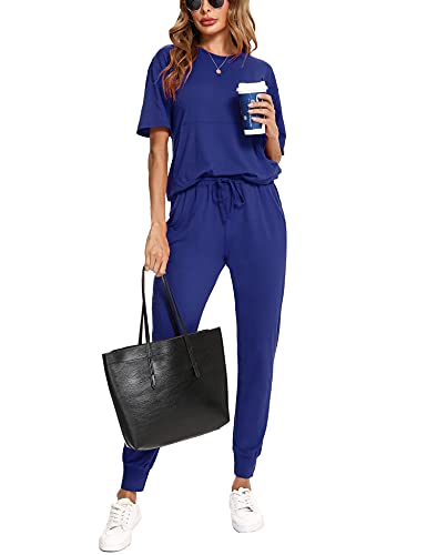 Irevial Sportivo Donna Completo, Completi Sportivi Donna Due Pezzi, Tuta Donna Sportiva Estiva, T-Shirt & Pantaloni Casual, Elegante Tuta Donna Ginnastica per Jogging, Casa, Fitness, Blu, S