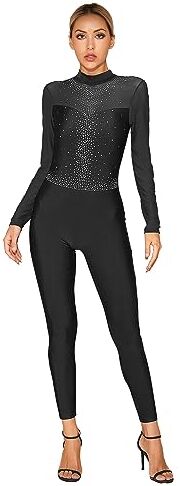 YiZYiF Donna Balletto Body da Danza Tuta Intera Ginnastica Artistica Strass Bodysuit Pattinaggio Catsuit Manica Lunga Jumpsuit Leotard Dancewear Nero XXL