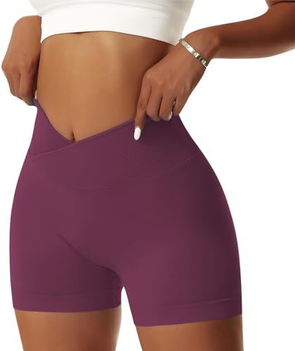 NIBESSER Pantaloncini Donna Sportivi Push Up Leggins Corti Donna a Vita Alta Incrociata Shorts Donna Sportivi Senza Cuciture Aderenti Elasticizzati per Palestra Fitness Corsa Yoga, Viola, S