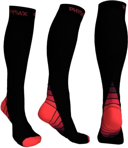 Physix Gear Sport Calze compressione graduata uomo e donna (20-30 mmHg) Calze elastiche sportive per circolazione, vene varicose, gravidanza, antitrombo, ciclismo, running, aereo ROSSO S/M