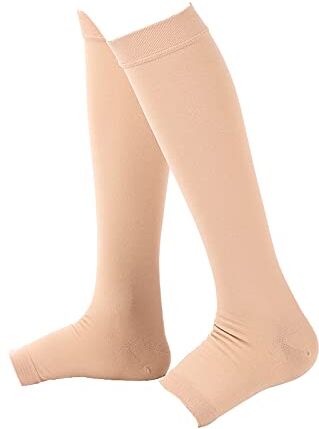 Tiiyee Calze a compressione, calze a compressione alte fino al ginocchio Open Toe Calze a compressione a punta aperta per donna Uomo 20-30 mmHg Vene varicose Shin Stecche(L-Colore della carne)