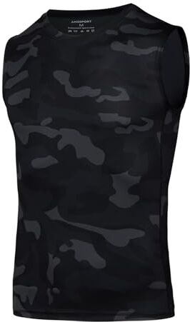 AMZSPORT Canotta Compressione da Uomo Sport Senza Maniche Base Layer Asciugatura Rapida Top Camuffamento Nero S