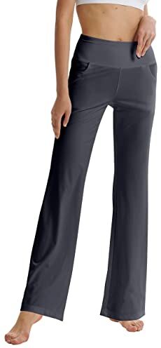 LaiEr Pantaloni da Yoga da Donna con Tasche a Vita Alta Svasata Bootleg Yoga Pantaloni da Allenamento con Tasche Laterali, Grigio Scuro, L