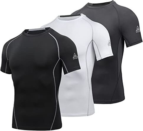 AMZSPORT Maglietta Compressione da Uomo a Manica Corta Rapida Asciugatura T Shirt Sportiva, 3 Confezioni, Nero, Bianco, Grigio S