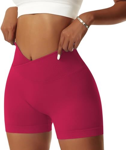 NIBESSER Pantaloncini Donna Sportivi Push Up Leggins Corti Donna a Vita Alta Incrociata Shorts Donna Sportivi Senza Cuciture Aderenti Elasticizzati per Palestra Fitness Corsa Yoga, Rosso, S