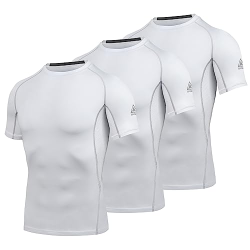 AMZSPORT Maglietta Compressione da Uomo a Manica Corta Rapida Asciugatura T Shirt Sportiva, 3 Confezioni, Bianco S