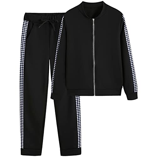 amropi Donna Tuta Sportiva Set a Quadri Maniche Lunghe Felpa e Jogging Pantaloni (Nero, S)