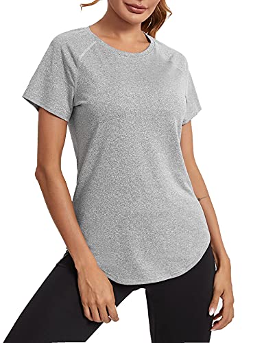 Wayleb Maglietta Sportiva T-Shirt Donna Maniche Corte per Allenamento Estive Asciugatura Rapida T Shirt Palestra Fitness Yoga Running Tee Top Grigio Chiaro,S