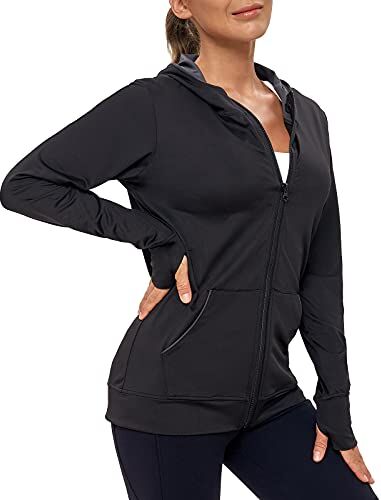 AMZSPORT Donna Felpa Sportiva Giacca a Manica Lunga da Corsa con Cappuccio con Fori per i Pollici e Tasch, Nero XL