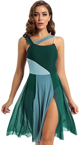 YiZYiF Ragazze e Donne Body da Danza Vestito da Balletto Classica Leotard in Chiffon Paillettes Senza Maniche Dancewear Allenamento Costume da Ginnastica Irregolare Performance Verde I XS