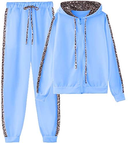 amropi Donna Tuta Sportiva Set Leopardato Maniche Lunghe Felpa con cappuccio e Jogging Pantaloni (Blu, M)