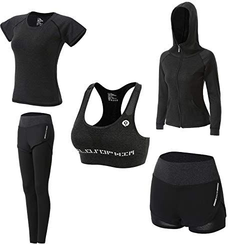 JULY'S SONG Abbigliamento Sportivo da Donna, T-Shirt 5set Suit per Sport Yoga Ginnastica Sport Include Manica Lunga e Corta, Pantaloni, Reggiseno, Morbido e Traspirante Confortevole