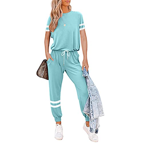 Litthing Completi Donna Sportivi 2 Pezzi Tute da Ginnastica Tops Manica Corta/Pantaloni per Casual Jogging Fitness Yoga Casa Pigiama Set (Blu, S)