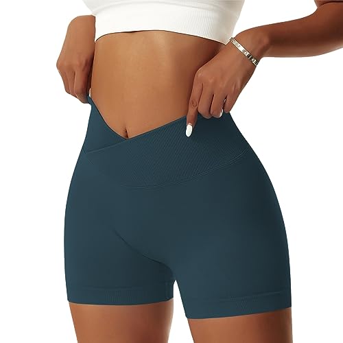 NIBESSER Pantaloncini Donna Sportivi Push Up Leggins Corti Donna a Vita Alta Incrociata Shorts Donna Sportivi Senza Cuciture Aderenti Elasticizzati per Palestra Fitness Corsa Yoga, Blu Pavone, M