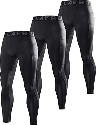 LAFROI 3-Pack Leggings da Uomo YSK08, ad Asciugatura Rapida, a Compressione e Aderenti Pocket Black x3. XL