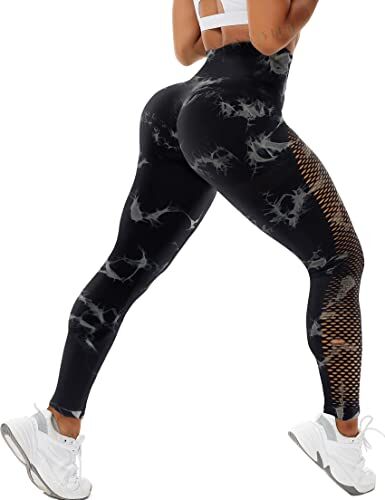 STARBILD Leggins Sportivi da Donna Push Up Sexy, Pantaloni Palestra Vita Alta Scrunch Butt, Seamless Calzamaglie per Yoga Fitness, F8820 Tie Dye A Rete Nero L