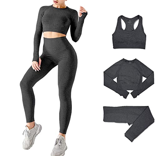 DONYKARRY 3set di Abbigliamento Sportivo da Palestra Senza Cuciture, Yoga Gym Leggings da Yoga a Vita alta e Reggiseno Sportivo e Top Sportivo (Grigio scuro, L)