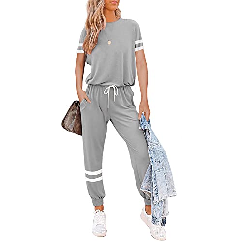 Litthing Completi Donna Sportivi 2 Pezzi Tute da Ginnastica Tops Manica Corta/Pantaloni per Casual Jogging Fitness Yoga Casa Pigiama Set (Grigio, S)