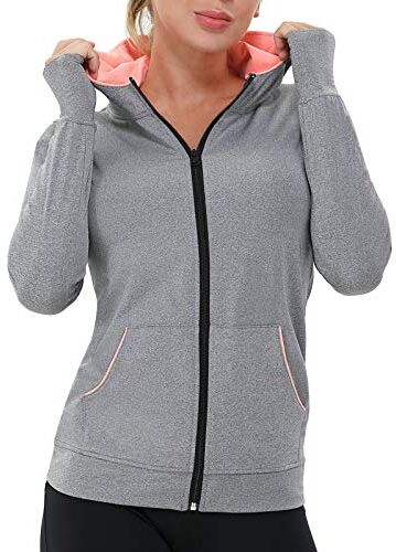 AMZSPORT Donna Felpa Sportiva Giacca da Running a Manica Lunga con Cappuccio con Fori per i Pollici e Tasche Grigio XL