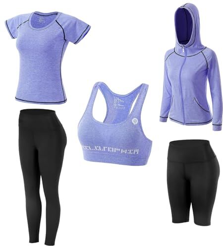 JULY'S SONG Tuta da yoga, set da 5 pezzi, abbigliamento da corsa, palestra, fitness, Aggiornamento viola, XL