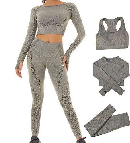 DONYKARRY 3set di Abbigliamento Sportivo da Palestra Senza Cuciture, Yoga Gym Leggings da Yoga a Vita alta e Reggiseno Sportivo e Top Sportivo