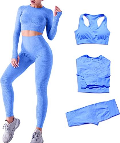 DONYKARRY 3set di Abbigliamento Sportivo da Palestra Senza Cuciture, Yoga Gym Leggings da Yoga a Vita alta e Reggiseno Sportivo e Top Sportivo (Blu,M)