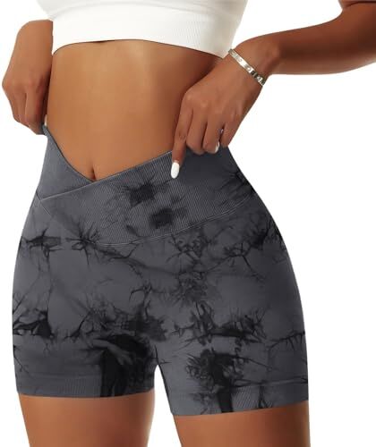 NIBESSER Pantaloncini Donna Sportivi Push Up Leggins Corti Donna a Vita Alta Incrociata Shorts Donna Sportivi Senza Cuciture Aderenti Elasticizzati per Palestra Fitness Corsa Yoga, Tie Dye Nero, L